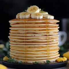 A tall stack of delicious pancakes topped with banana slices and syrup