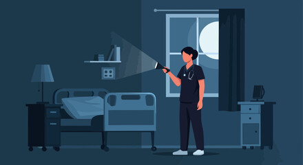 Late Shift Nurse Examines Dark Hospital Room Using Flashlight For Patient Safety