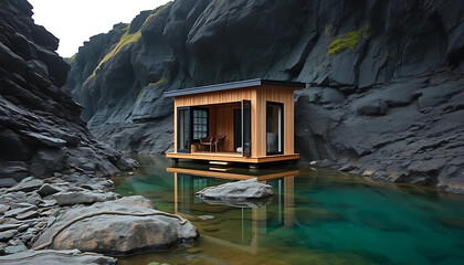 A solitary box home flanked by basalt walls, its interior washed with blue-green reflections from tide pools below.