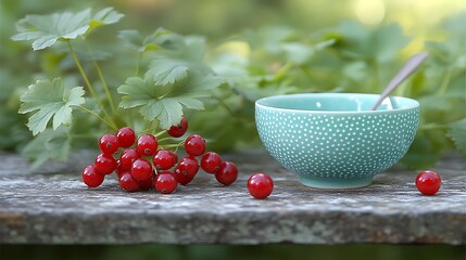 Red berries and a teal bowl sit on a wooden surface