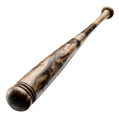 A diagonally angled decorative wooden baseball bat floats mid-air, side-lit to reveal rich grain, subtle nicks, and a polished, hand-crafted finish, crisply isolated on transparent background.