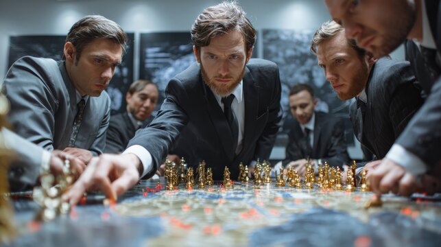 Strategic chess game among business leaders conference room professional environment close-up view intense competition