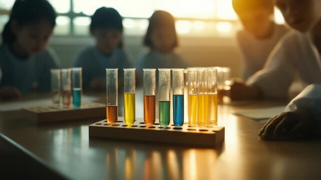 In a brightly lit classroom, elementary school students engage in a science experiment, carefully observing colorful liquids in test tubes, fostering a love for stem education