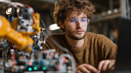 Engineering innovation young engineer working on robotics in high-tech lab environment focused on automation technology