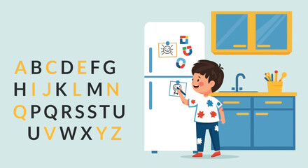 Little Boy Drawing on Fridge with Alphabets in Kitchen Illustration