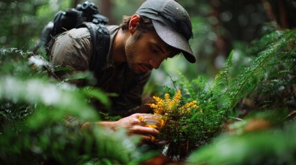 Botanist collecting plant samples in lush forest nature exploration close-up photography
