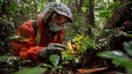 Exploration of rare fern species tropical rainforest scientific research lush environment close-up biodiversity conservation