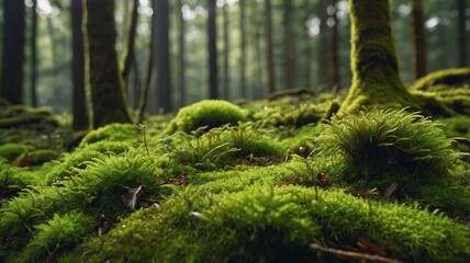 Lush green moss blankets the forest floor, showcasing the beauty of nature's tranquility.