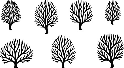 Collection of stylized black silhouette bare trees with intricate branching patterns on a white background
