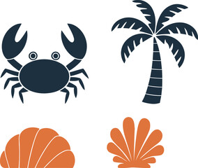 A charming collection of stylized marine life and tropical elements including a crab palm tree and seashells on a white background