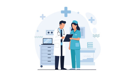 Doctor And Nurse Discussing Patient Information In Hospital Setting Vector Illustration