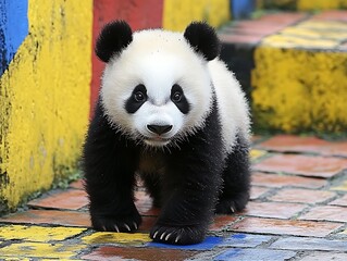 A curious panda bear standing on a colorful brick pathway