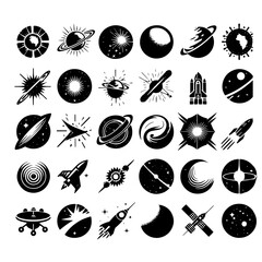 Collection of monochrome space themed icons featuring planets, rockets, stars and celestial objects