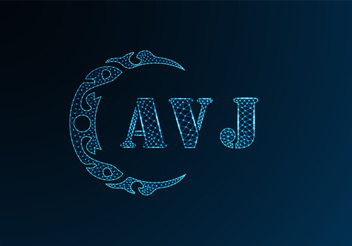 Low poly letter logo AVJ design. AVJ letter logo low poly vector design on blue color gradient background. AVJ logo low poly design