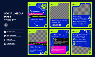 Social media carousel post template. Business Instagram and facebook square post template. Content creator, influencer, program, workshop, post, layout template design, modern, vibrant, futuristic