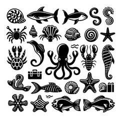 Collection of black and white sea creatures including fish, shellfish, seahorses, and other ocean life