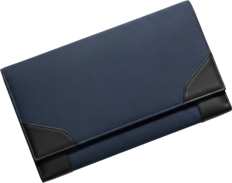 Blue canvas and black leather portfolio or document holder with clean lines transparent background