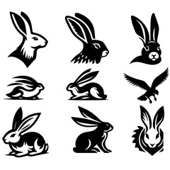 Illustration of various rabbits in different poses and an eagle, all in a black and white color scheme