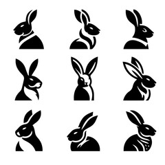 Collection of nine stylized black and white rabbit head illustrations in various poses and designs