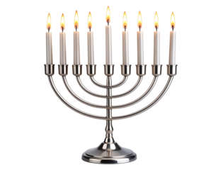 Modern Silver Menorah with Lit Candles