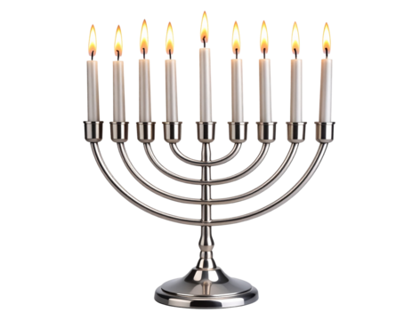 Modern Silver Menorah with Lit Candles