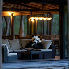 A giant panda enjoys eating bamboo on an outdoor sofa