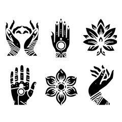 Illustration showing six different black and white designs including hands and flower shapes in a grid layout