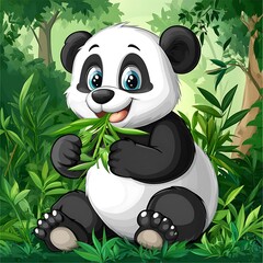 Adorable cartoon panda happily eating leaves in a lush green forest