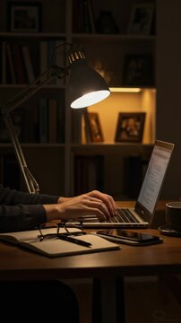 Late night work session at a desk with lamp illuminating a laptop and personal items