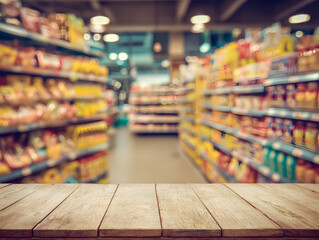 A blurred view of a supermarket aisle filled with various products on shelves, with a wooden table in the foreground, illustrating a typical shopping experience.