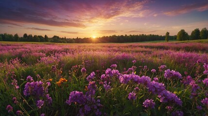 Obraz premium A vibrant sunset over a purple flower field, creating a serene and peaceful atmosphere.