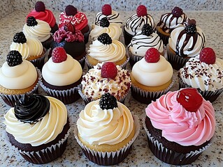 A Group of Decorated Cupcakes Featuring Various Frostings and Fresh Berries