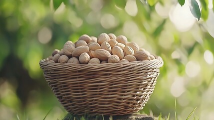 A full basket of walnuts sits on a green surface outdoors