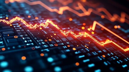 Abstract financial data visualization with glowing line graph and circuit board - Powered by Adobe