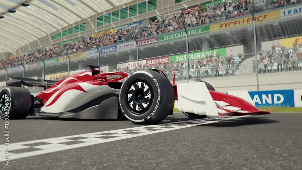 Poster side view of a generic formula one race car driving across the finish line in slow motion. 3d animat