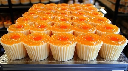 A Tray Displays Many Small Orange Topped Cupcakes