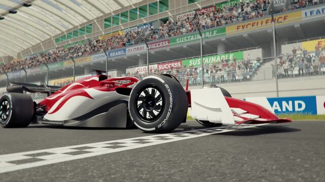 Side view of a generic formula one race car driving across the finish line in slow motion. 3d animation rendering.