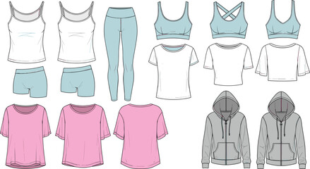 Women activewear flat sketch set, tank tops, leggings, hoodies, t-shirts, sports bras, technical vector drawing, cad fashion template
