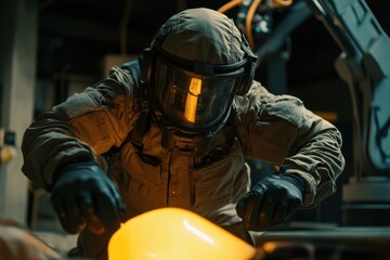 Fototapeta premium Worker in protective gear is manipulating glowing molten material in a high-tech industrial environment, showcasing safety measures and advanced technology in action