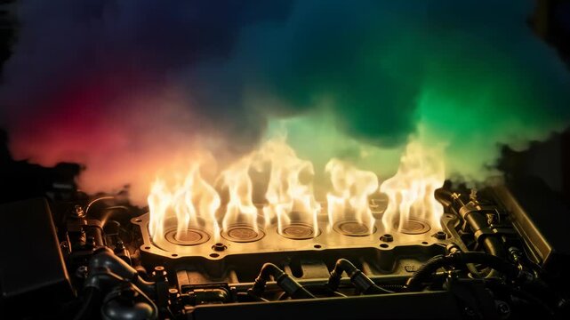 Energetic automotive engine igniting fuel generating colorful smoke, high performance combustion,