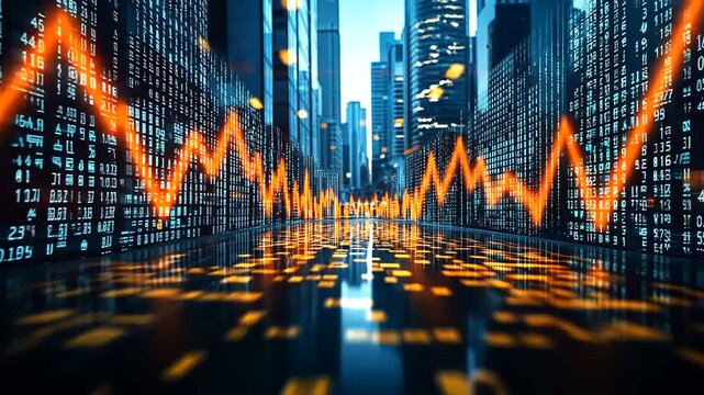 Abstract financial chart with data stream in a futuristic cityscape visualization - Powered by Adobe