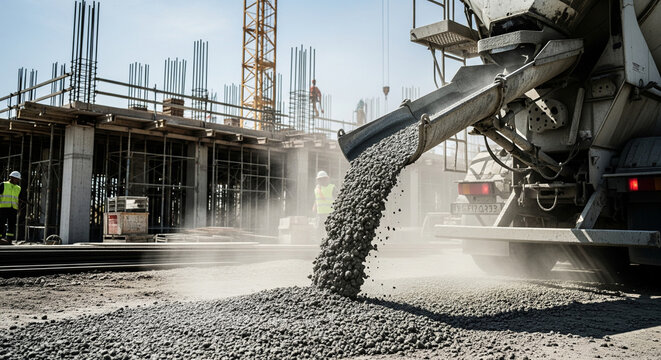 a cement truck actively unloading wet cement down its rotating chute