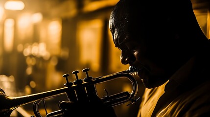 Close-up of trumpet player in shadow with sweat on brow gritty noir bar ambiance