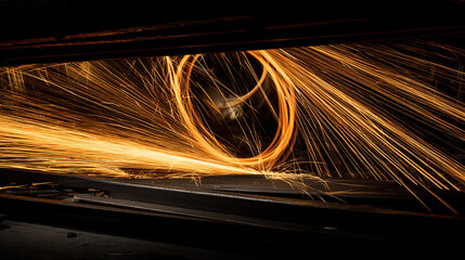 Dramatic orange sparks fly against a dark industrial background, capturing the energy of metalworking.