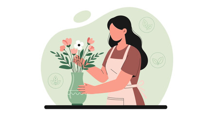 Woman Arranging Floral Design In Vase Creating Elegant Bouquet For Decoration