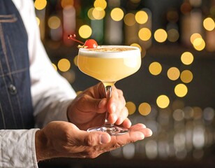 bartender in apron preparing drink for customer at bar counter
