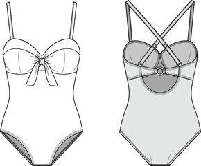 Women’s swimsuit with tie front, strappy back detail, lingerie style bodysuit sketch, fashion cad design, flat technical vector drawing