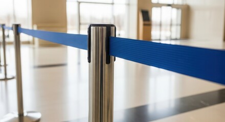 A close-up of a blue retractable belt barrier in a modern indoor space. The floor is polished and the background shows a bright, open area.