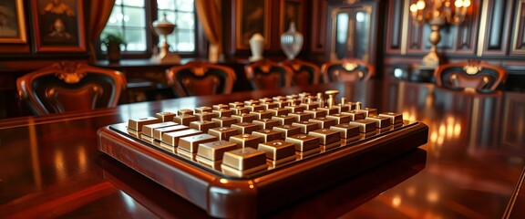 Obraz premium Gleaming brass keys rest on a polished mahogany table, surrounded by opulent decor, golden, metallic