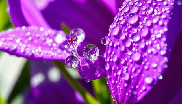 Glistening dew clings to vibrant purple petals, reflecting sunlight,  flowers,  bloom